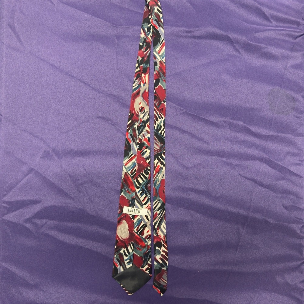 Cellini Collection Men's Silk Tie Abstract Floral Red Blue Black‎ White Neckwear - Picture 3 of 5